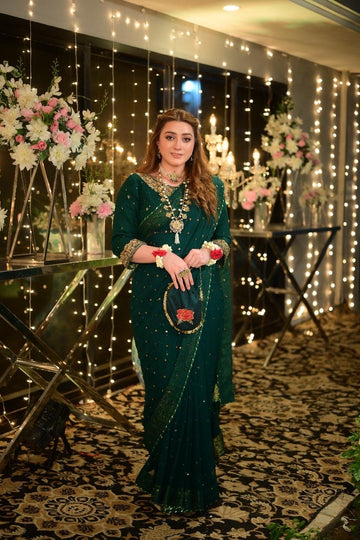 Momina Iqbal Emerald Green Saree