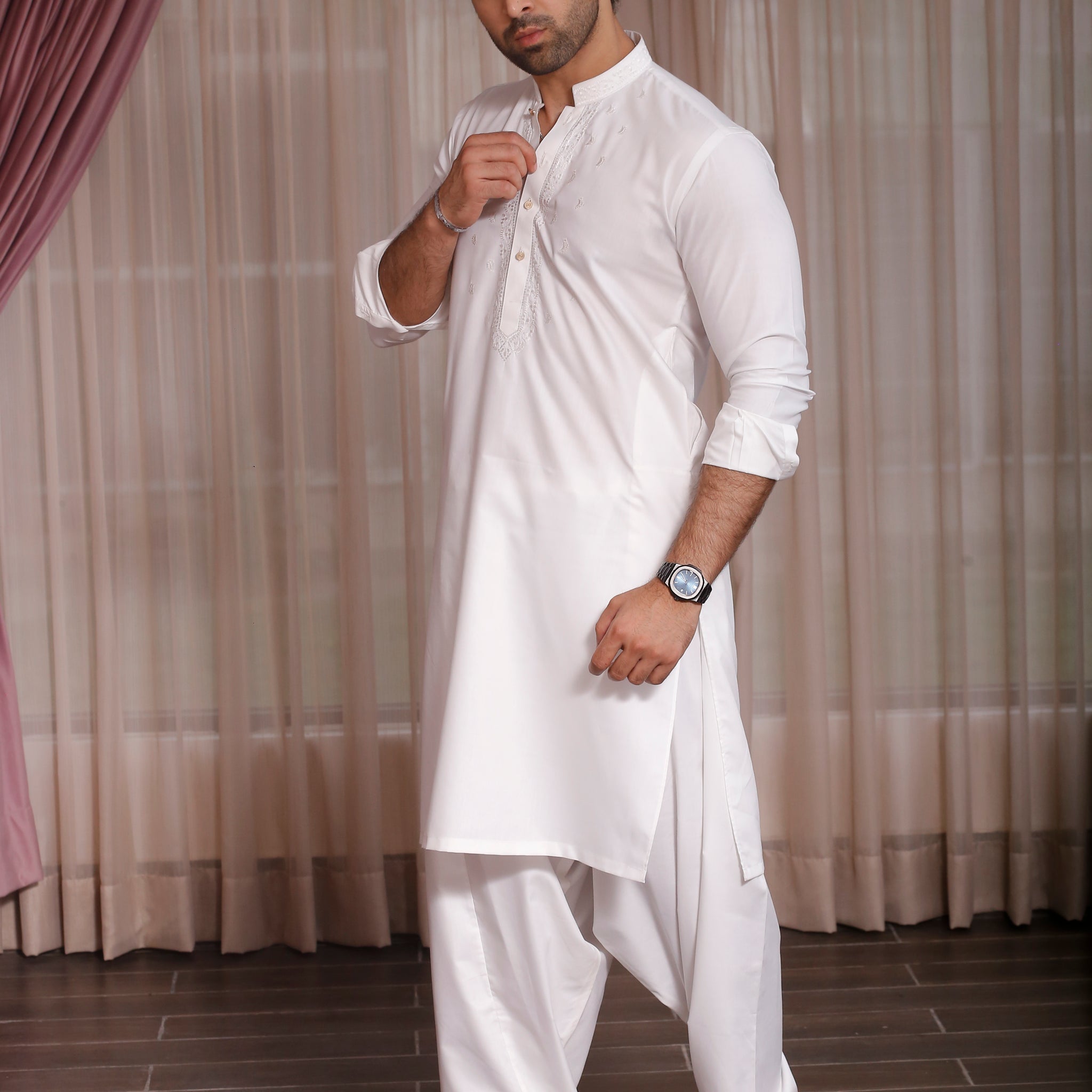 Nazaf - White Shalwar Kameez with Machine Work