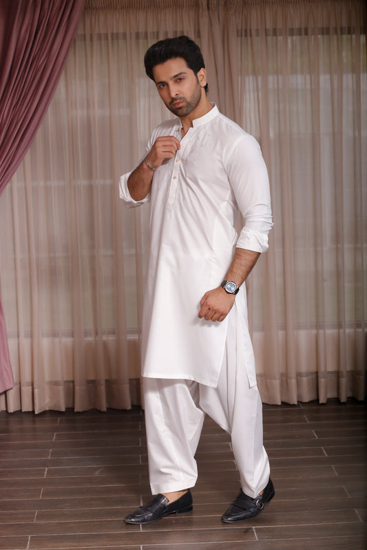 Nazaf - White Shalwar Kameez with Machine Work