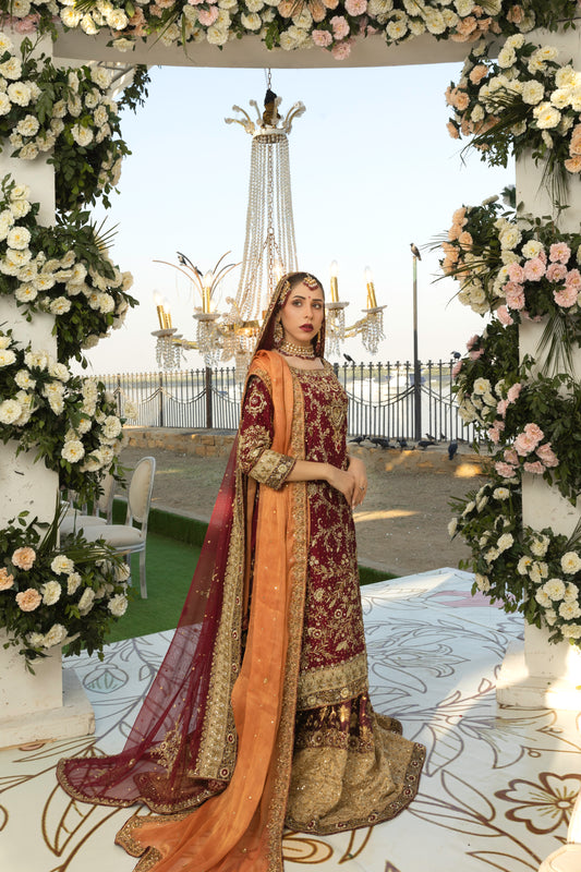 Zaynab Peach and Maroon Bridal Ensemble – Handwork Dupatta, Raw Silk Shirt and Jamawar Lehenga