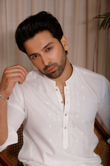 Nazaf - White Shalwar Kameez with Machine Work