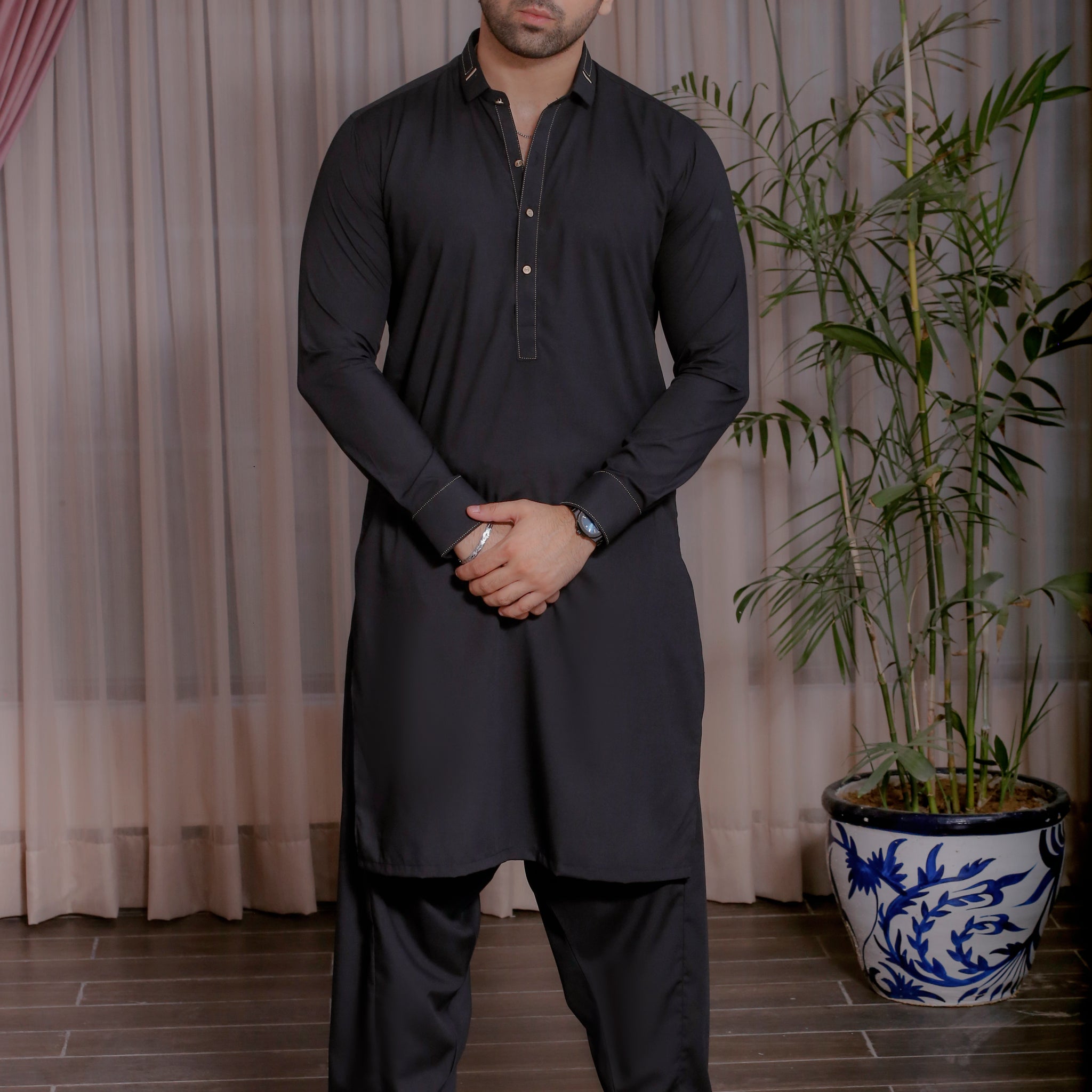 Siyahkaar - Black Shalwar Kameez with Collar Designing