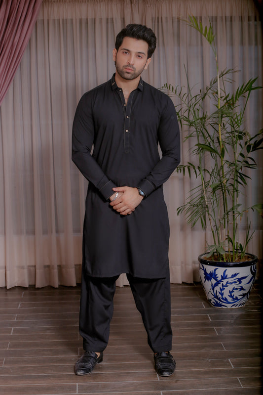 Siyahkaar - Black Shalwar Kameez with Collar Designing