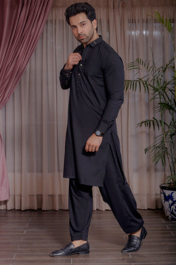Siyahkaar - Black Shalwar Kameez with Collar Designing
