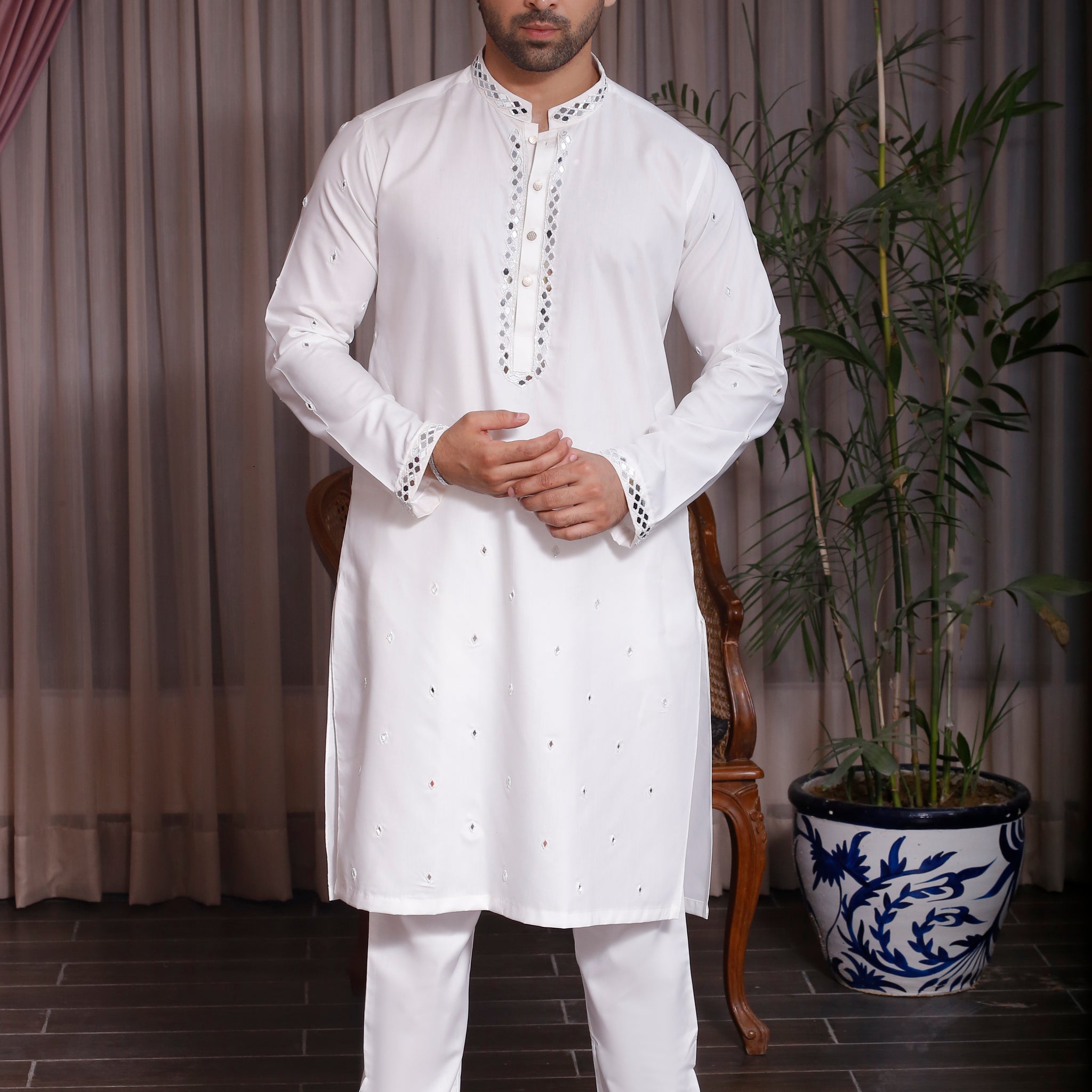 Sheen - White Shalwar Kameez with Sheesha Work